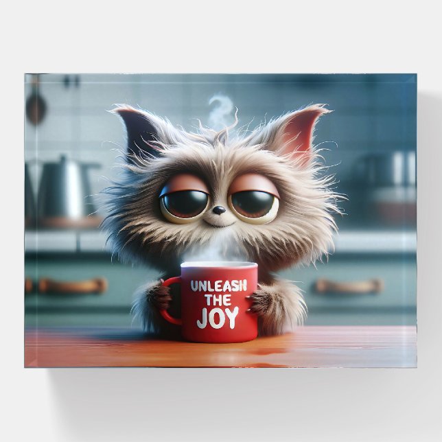 Cute Cat With Red Coffee Mug Paperweight (Front)