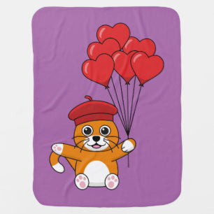 Cute Cat with Red Heart Balloons Baby Blanket