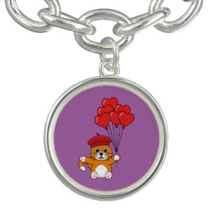 Cute Cat with Red Heart Balloons Bracelet