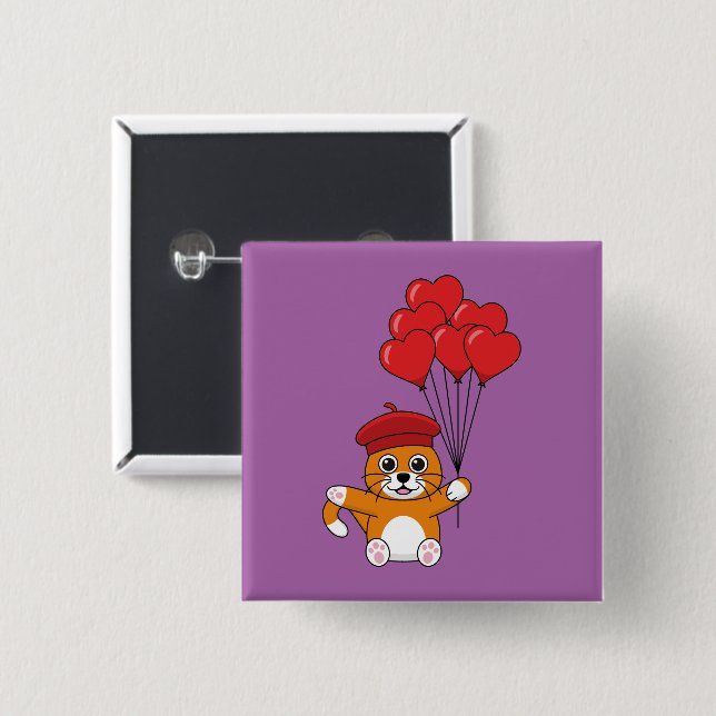 Cute Cat with Red Heart Balloons Button (Front & Back)