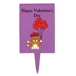 Cute Cat with Red Heart Balloons Cake Topper