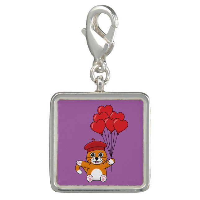 Cute Cat with Red Heart Balloons Charm (Front)