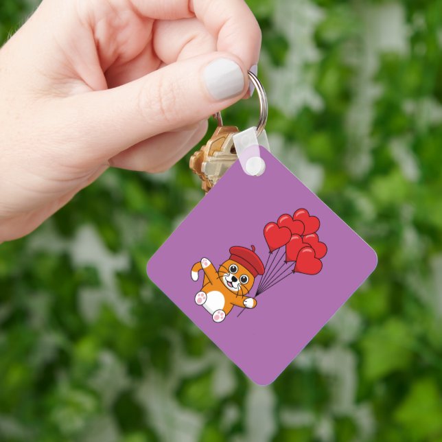 Cute Cat with Red Heart Balloons Keychain (Hand)