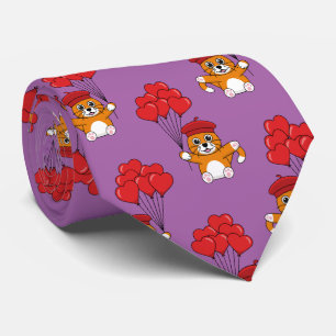 Cute Cat with Red Heart Balloons Neck Tie