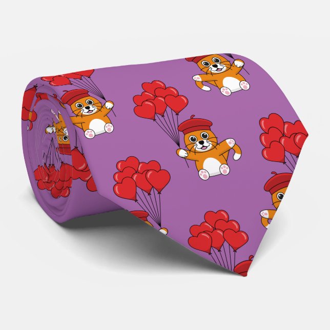 Cute Cat with Red Heart Balloons Neck Tie (Rolled)