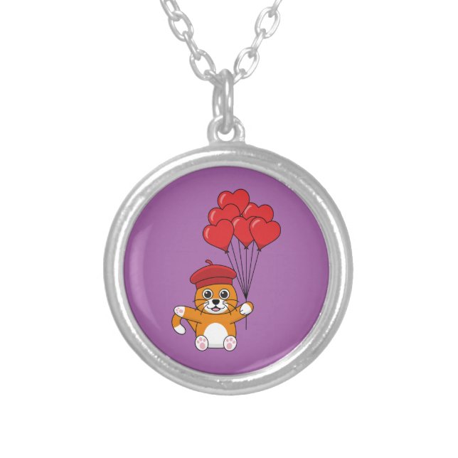 Cute Cat with Red Heart Balloons Silver Plated Necklace (Front)