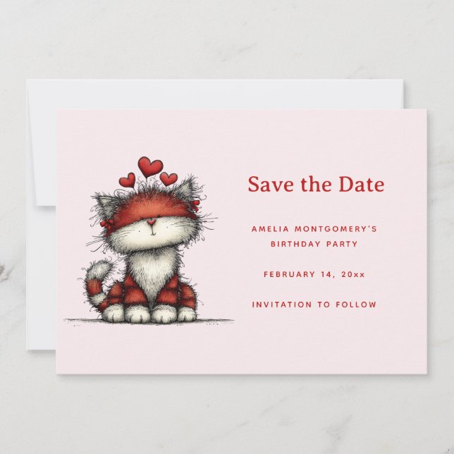 Cute Cat with Red Love Hearts Save The Date (Front)