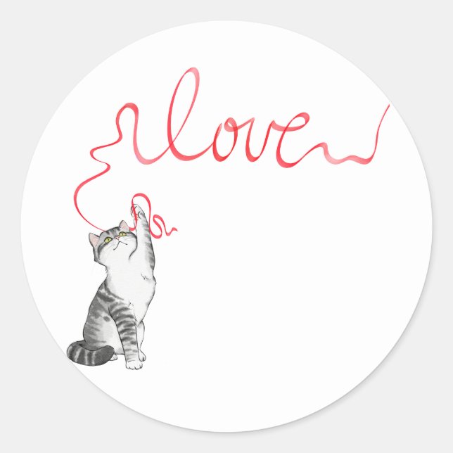 Cute Cat with Red Ribbon Classic Round Sticker (Front)