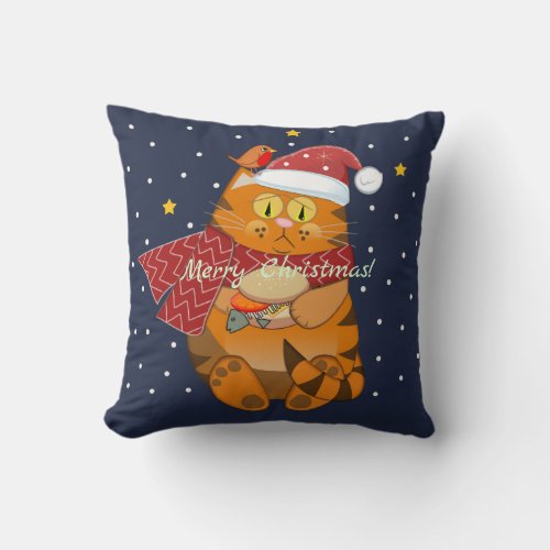 Cute cat with Santa hat and custom text Throw Pillow