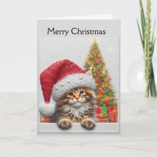 Cute Cat with Santa Hat Christmas Holiday Card