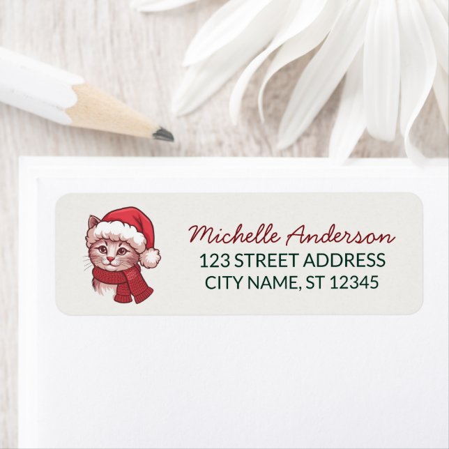 Cute Cat with Santa Hat Christmas Return Address Label (Insitu)