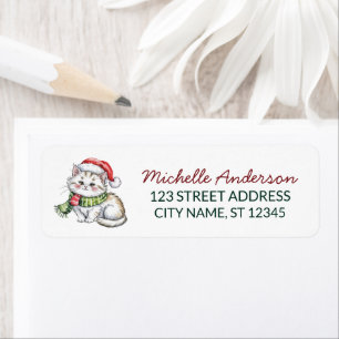 Cute Cat with Santa Hat Christmas Return Address Label