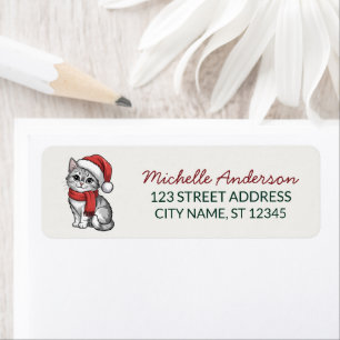 Cute Cat with Santa Hat Christmas Return Address Label