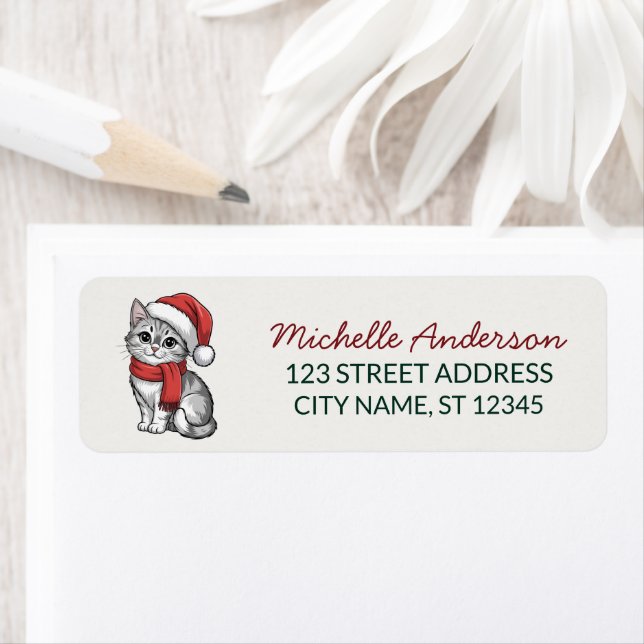Cute Cat with Santa Hat Christmas Return Address Label (Insitu)