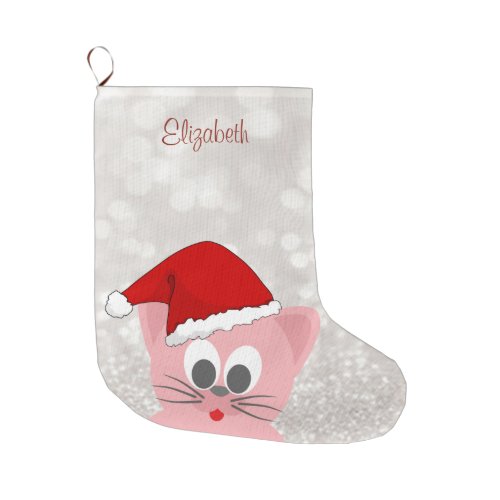 Cute Cat With Santa Hat Glittery Bokeh Large Christmas Stocking