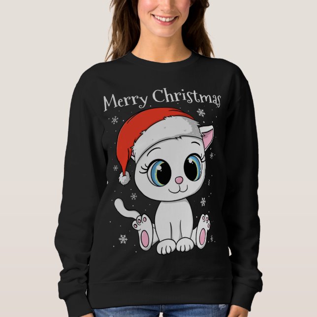 Cute Cat with Santa Hat Merry Christmas xmas Sweatshirt (Front)