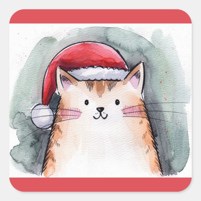 Cute Cat with Santa Hat Square Stickers (Front)