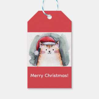 Cute Cat with Santa Hat Square Stickers Gift Tags
