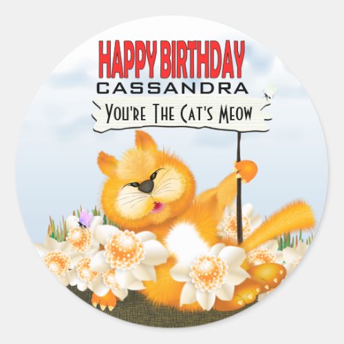 Cute Cat with Sign  Happy Birthday Classic Round Sticker