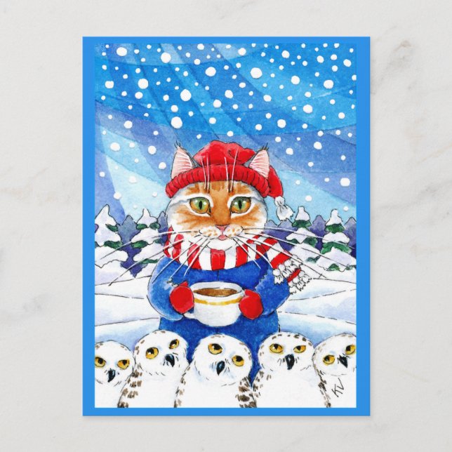 Cute Cat with Snowy Owls Winter Christmas postcard (Front)