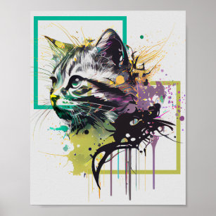Cute Cat With Splash Color Poster