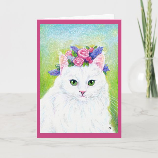 Cute Cat with Spring Flowers Hat Easter Holiday Card (Front)