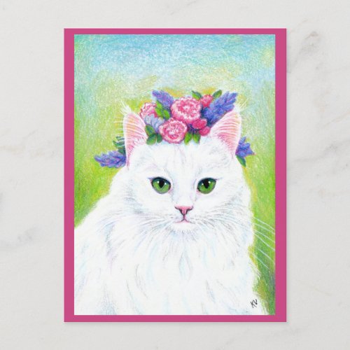 Cute Cat with Spring Flowers Hat pink postcard