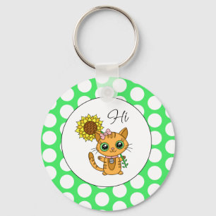 Cute Cat with Sunflower And Polka Dots Keychain