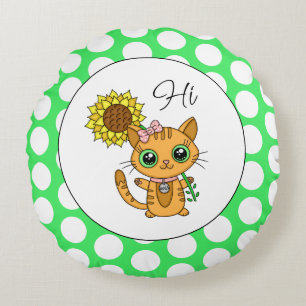 Cute Cat with Sunflower And Polka Dots  Round Pillow