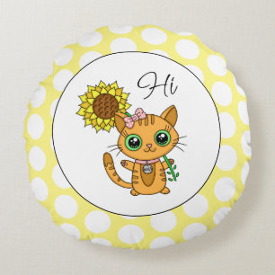 Cute Cat with Sunflower And Polka Dots Round Pillow