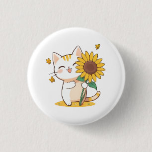 Cute Cat with Sunflower Kawaii Design Button
