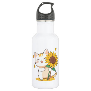 Cute Cat with Sunflower Kawaii Design Stainless Steel Water Bottle