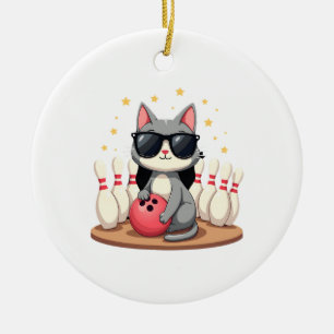 Cute Cat With Sunglasses Cat Playing Bowling For m Ceramic Ornament