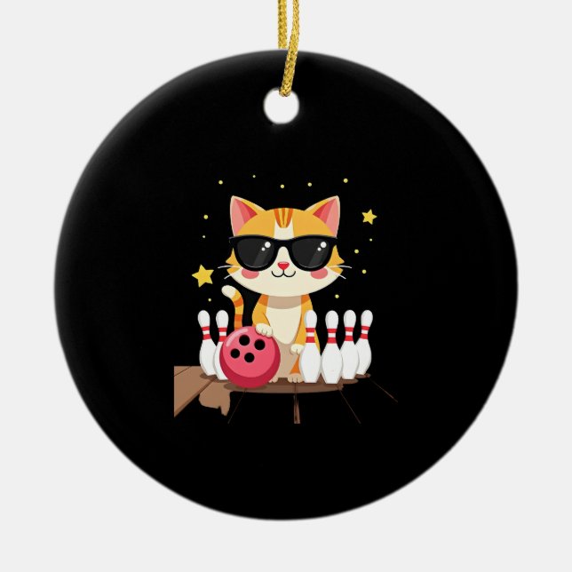 Cute Cat With Sunglasses Cat Playing Bowling For m Ceramic Ornament (Front)