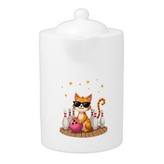 Cute Cat With Sunglasses Cat Playing Bowling For m Teapot
