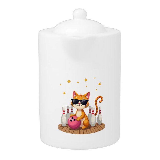 Cute Cat With Sunglasses Cat Playing Bowling For m Teapot (Front)