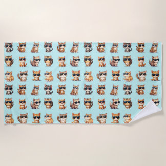 Cute Cat With Sunglasses On Light Blue Background Beach Towel