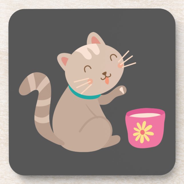 Cute cat with teacup cartoon beverage coaster (Front)
