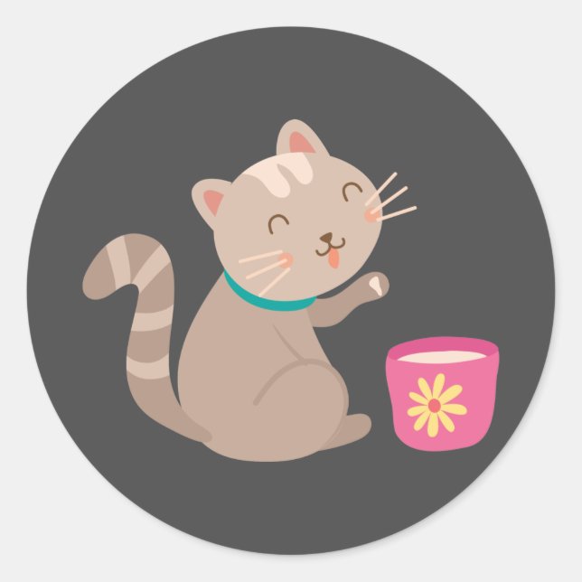 Cute cat with teacup cartoon classic round sticker (Front)