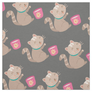 Cute cat with teacup cartoon fabric