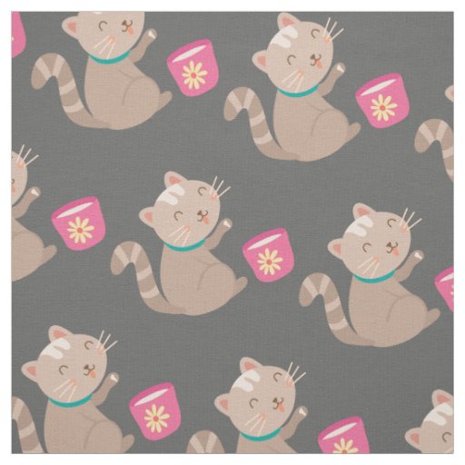 Cute cat with teacup cartoon fabric