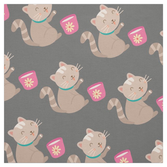 Cute cat with teacup cartoon fabric (Swatch)
