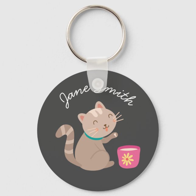 Cute cat with teacup cartoon keychain (Front)