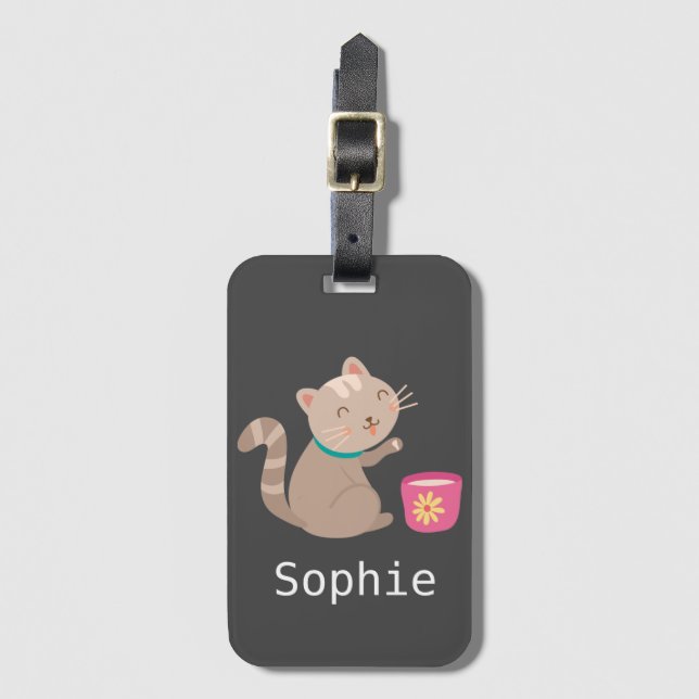 Cute cat with teacup cartoon luggage tag (Front Vertical)
