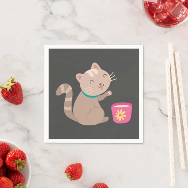 Cute cat with teacup cartoon napkins (Insitu)