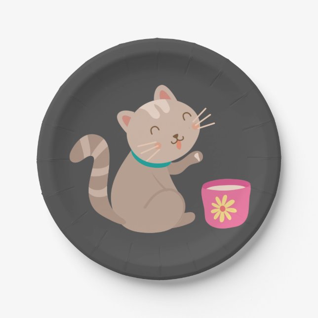 Cute cat with teacup cartoon paper plates (Front)