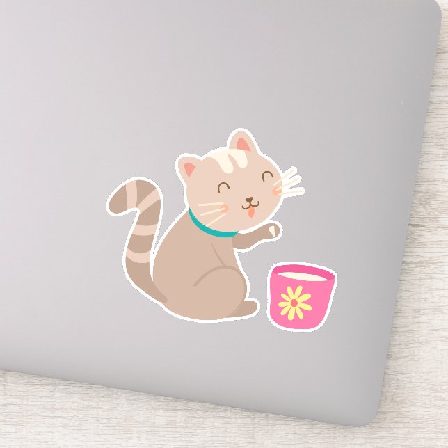 Cute cat with teacup cartoon sticker (Detail)