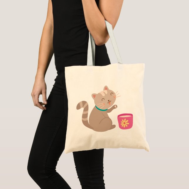 Cute cat with teacup cartoon tote bag (Front (Product))