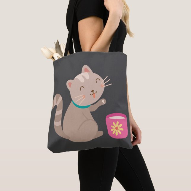 Cute cat with teacup cartoon tote bag (Close Up)