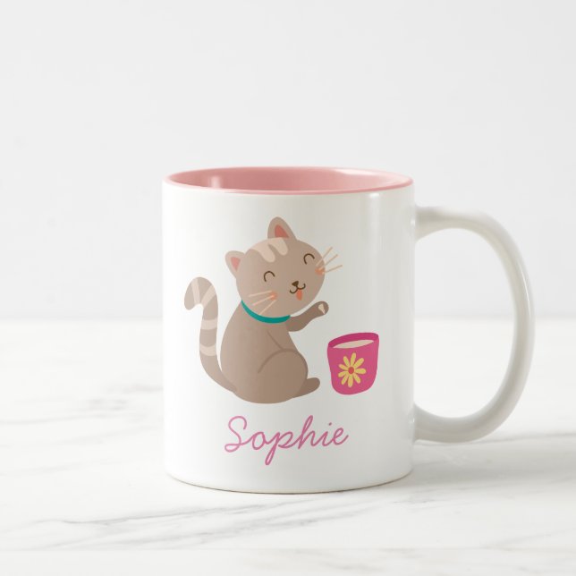Cute cat with teacup cartoon Two-Tone coffee mug (Right)